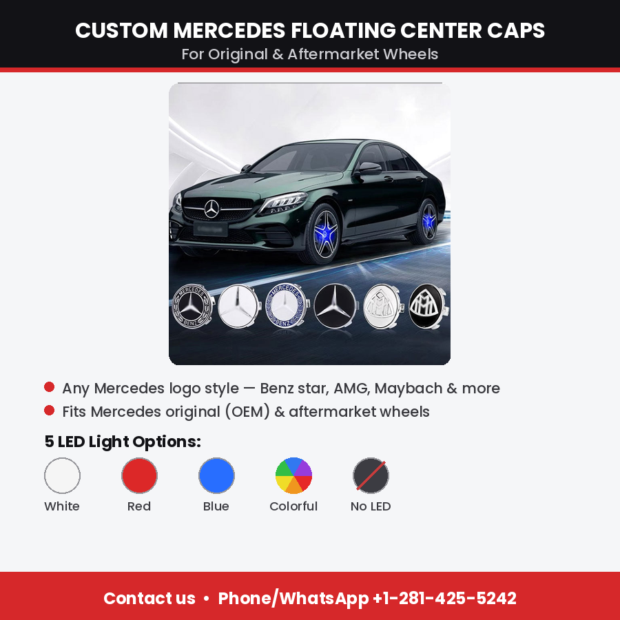 Custom Mercedes Floating Center Caps – Fits C-Class Original Wheels (C300, C43, C63 AMG) 2022-2025